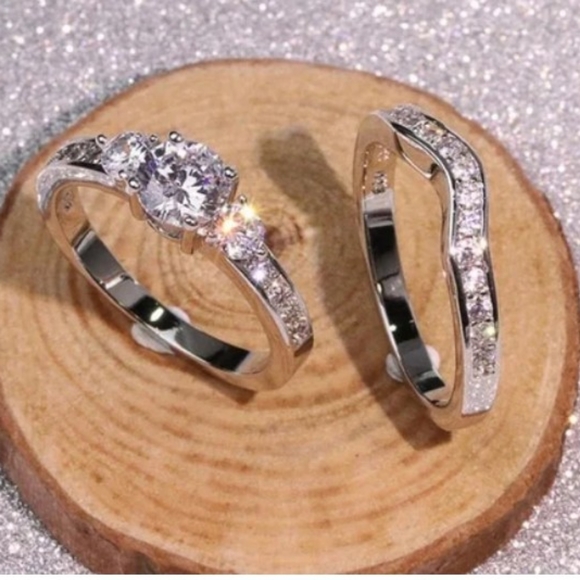 2pcs White Gold CZ Engagement Ring Set, size 8-9 - Picture 2 of 3